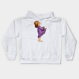 Cute little blond toddler girl in purple jammies is ready to catch something in her held out pyjamas. Kids Hoodie